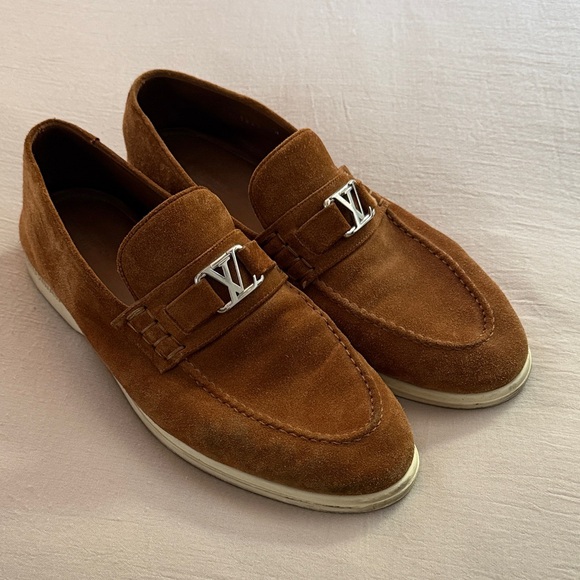 Louis Vuitton Tan Suede Loafers with Silver Accent - Picture 1 of 3